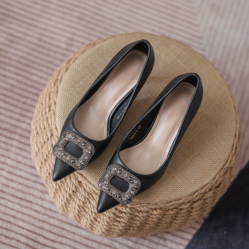 9833-5 Not Tired Feet High Heels Plus Size Suede Black Professional Work Shoes Temperament Beautiful Rhinestone Stiletto Heel Shoes - Image 1